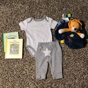 Gray and white striped onesie pant outfit.